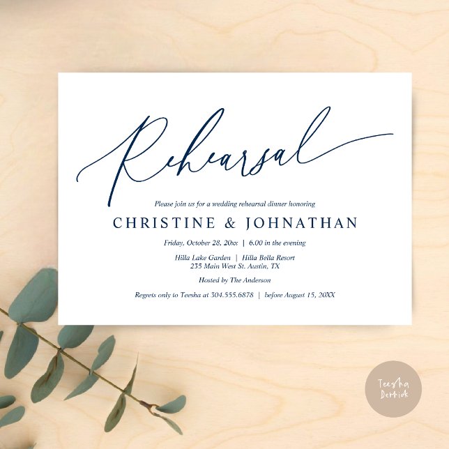 Modern Minimalist, Wedding Rehearsal and Dinner Invitation (Wedding Rehearsal Dinner Invitation Card, PDF, Modern Minimalist Handwriting, in Navy Blue)