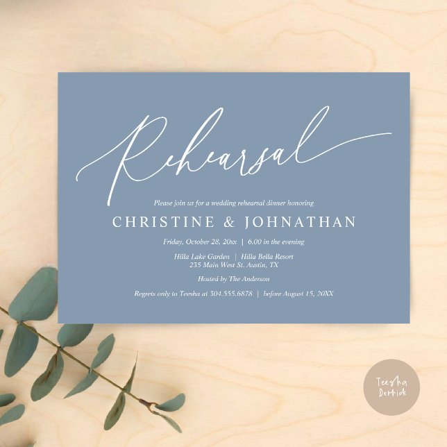 Modern Minimalist, Wedding Rehearsal and Dinner Invitation (Wedding Rehearsal Dinner Invitation Card, PDF, in Modern Minimalist Handwriting, In Dusty Blue)