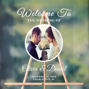 Modern Minimalist Wedding Round Photo Welcome Acrylic Sign