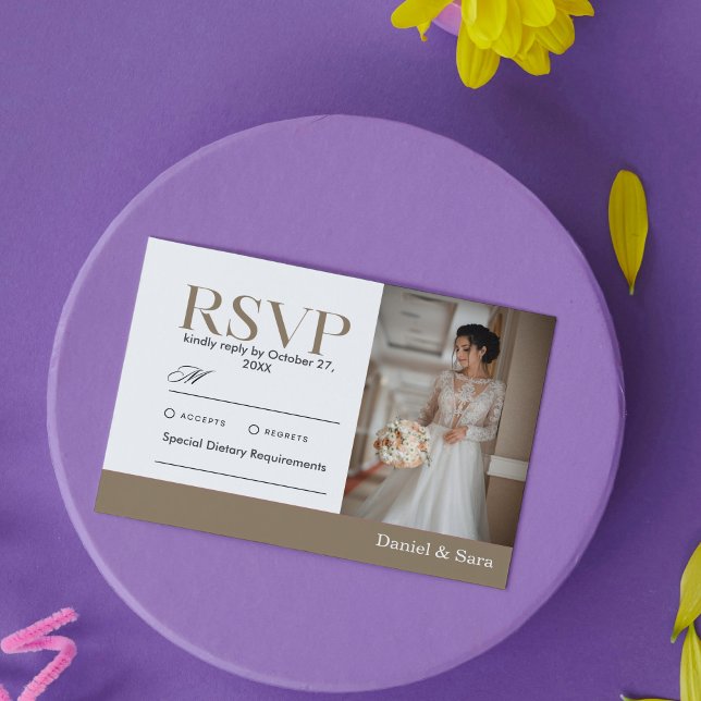 Modern Minimalist Wedding RSVP Card with Photo (Brown Modern Minimalist Wedding RSVP Card with Photo)