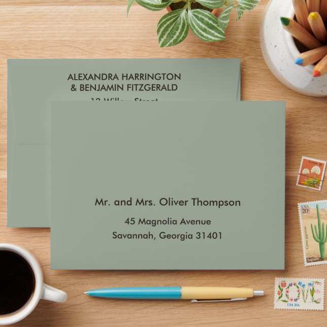 Modern Minimalist Wedding | Sage Green Timeless  Envelope (Desk)