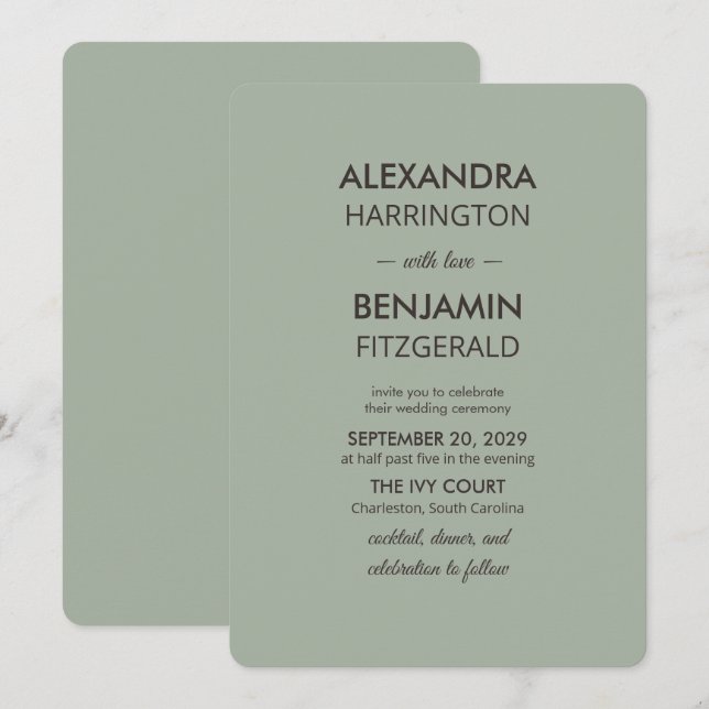 Modern Minimalist Wedding | Sage Green Timeless  Invitation (Front/Back)