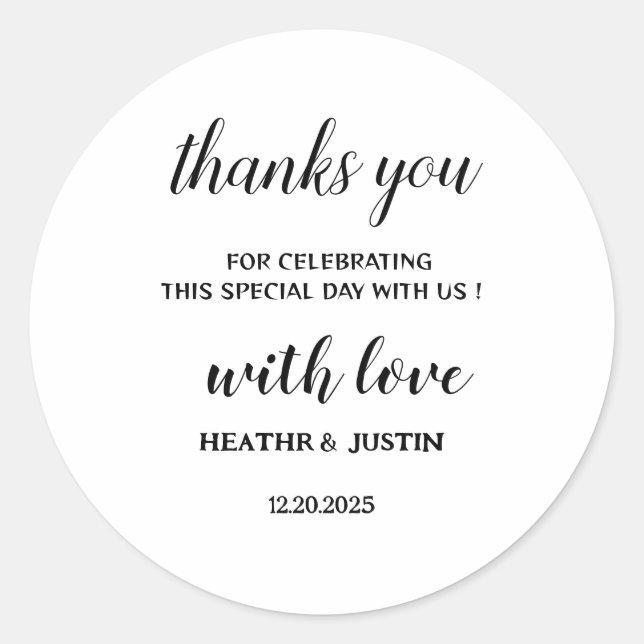 Modern Minimalist Wedding Thank You Classic Round  Sticker (Front)
