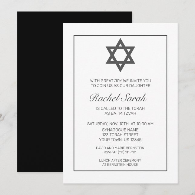 Modern Minimalist White Black Bat Mitzvah Invitation (Front/Back)