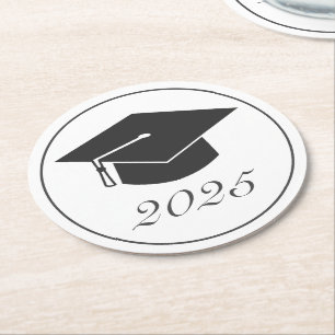 Modern Minimalist White Black Graduation Hat Round Paper Coaster