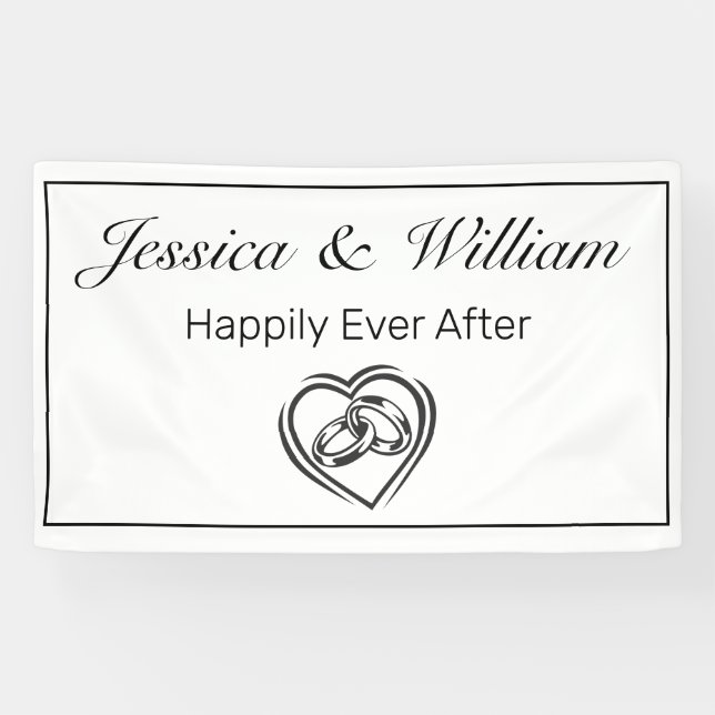 Modern Minimalist White Black Heart Rings Wedding Banner (Horizontal)