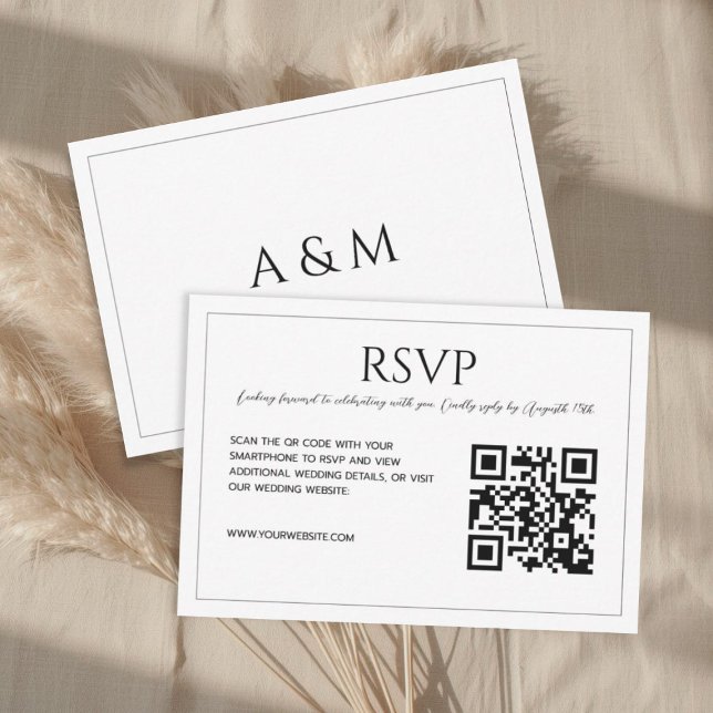 Modern minimalist white black QR code wedding  RSVP Card (Creator Uploaded)