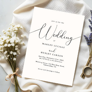 Modern Minimalist White Black Script Wedding Invitation