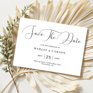 Modern Minimalist White Black Script Wedding Save The Date