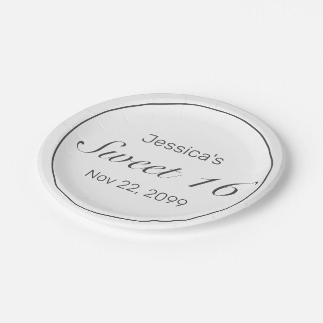 Modern Minimalist White Black Sweet 16 Paper Plate (Angled)