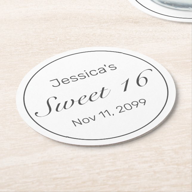 Modern Minimalist White Black Sweet 16 Round Paper Coaster (Angled)