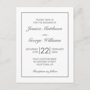 Modern Minimalist White Black Wedding invitation Postcard