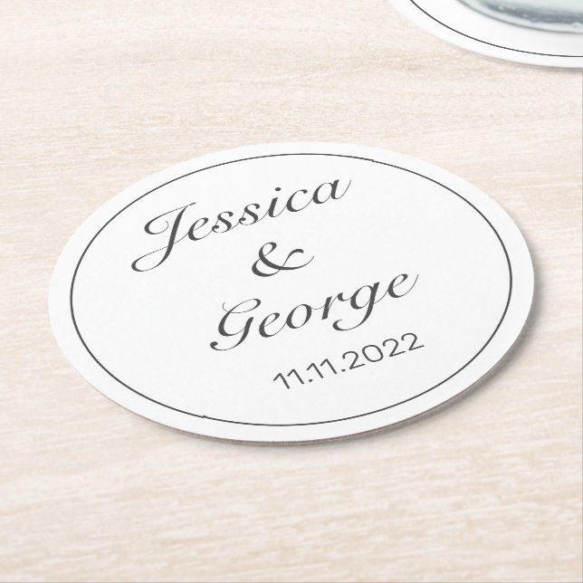 Modern Minimalist White Black Wedding Round Paper Coaster (Angled)