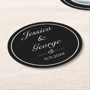 Modern Minimalist White Black Wedding Round Paper Coaster