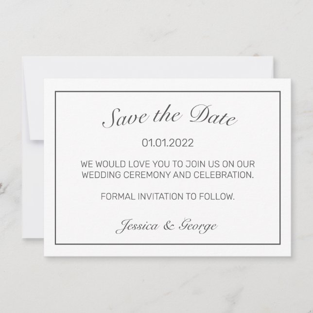Modern Minimalist White Black Wedding Save The Date (Front)