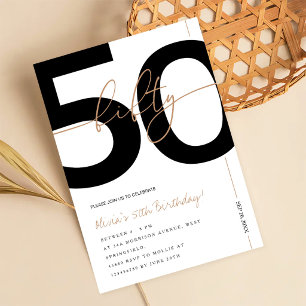 Modern Minimalist White & Gold 50th Birthday Party Invitation
