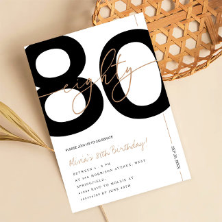 Modern Minimalist White & Gold 80th Birthday Party Invitation