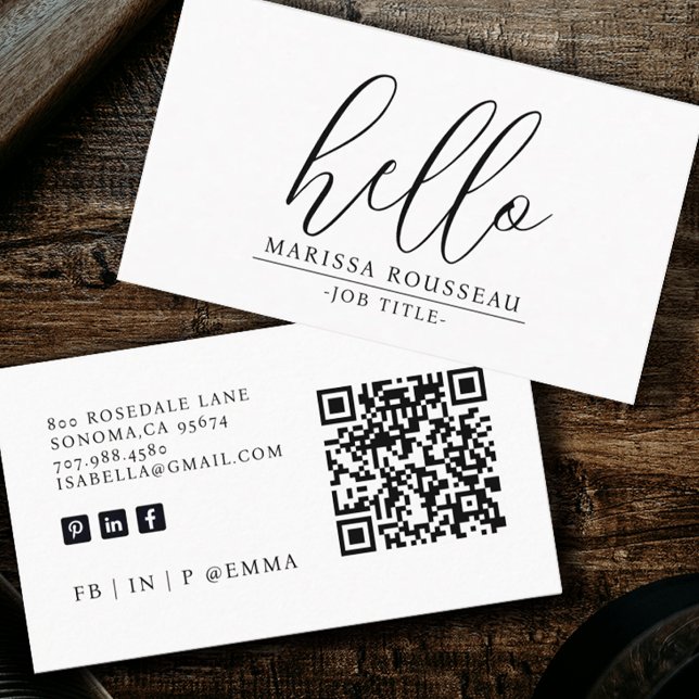 Modern Minimalist White Hello QR Code Business Card (Creator Uploaded)