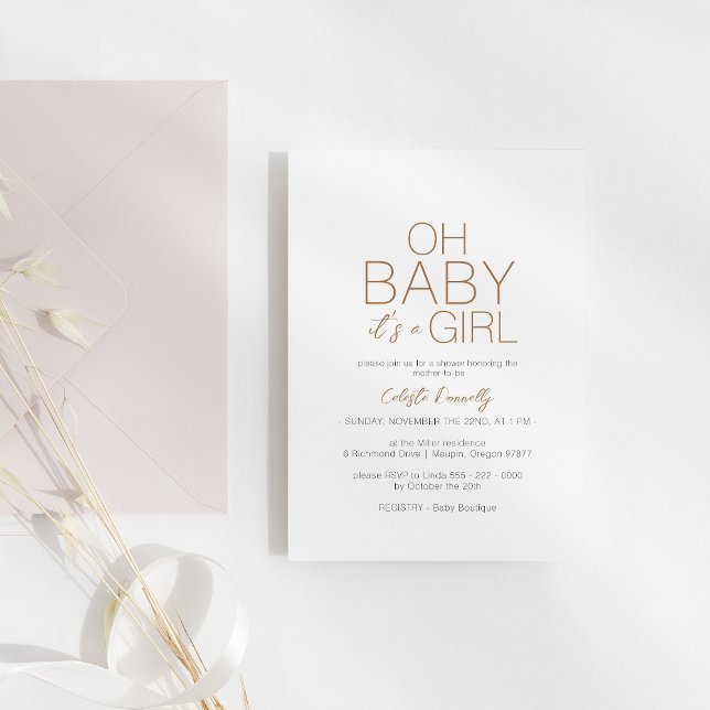 Modern Minimalist White Oh Baby Girl Shower Invitation (Creator Uploaded)