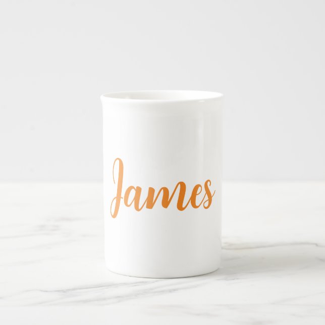 Modern Minimalist White Orange Add Your Name Bone China Mug (Front)