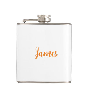 Modern Minimalist White Orange Add Your Name Hip Flask