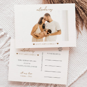 Modern Minimalist White Photo Birth Announcement Postcard