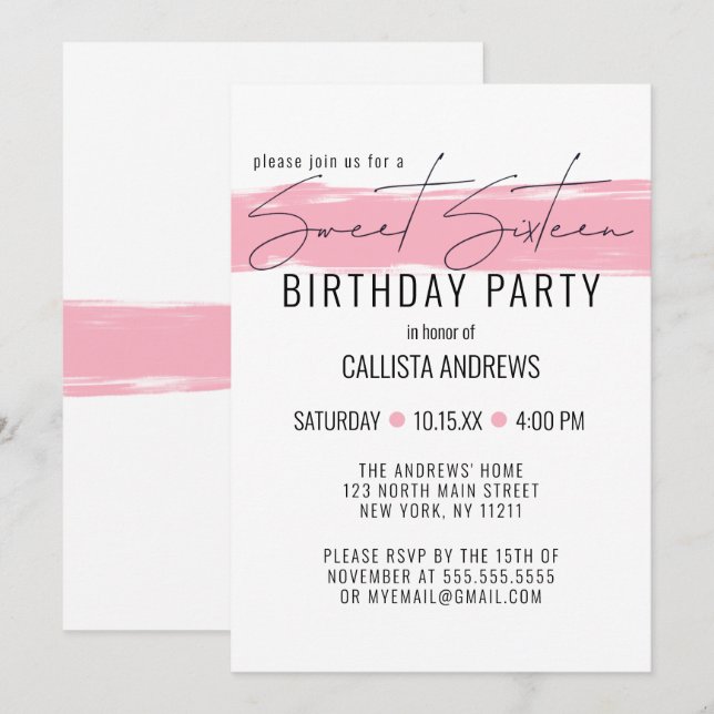 Modern Minimalist White Pink Brushstroke Sweet 16 Invitation (Front/Back)