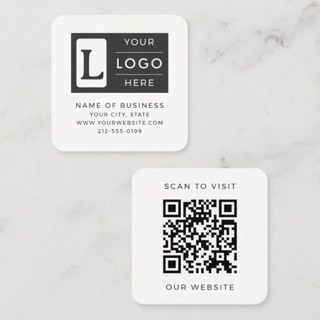 Modern Minimalist White QR Code Custom Logo Square Business Card (Front/Back)