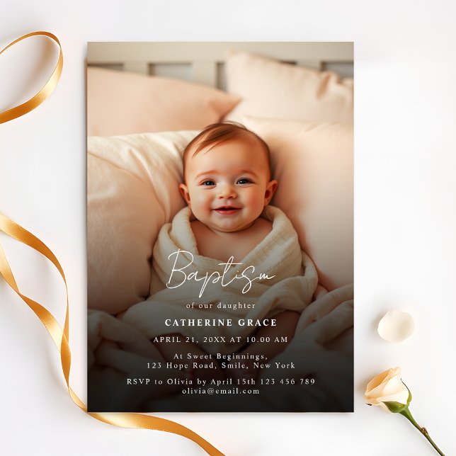 Modern Minimalist White Script Baby Photo Baptism Invitation (Creator Uploaded)