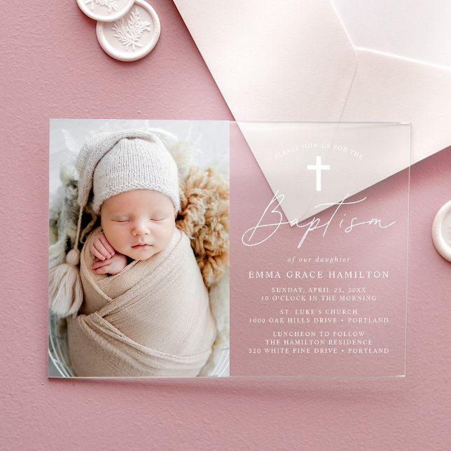 Modern Minimalist White Script Photo Baptism Acrylic Invitations (Creator Uploaded)