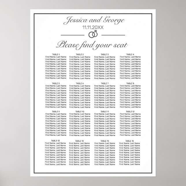 Modern Minimalist White Seating Chart 16 Tables (Front)