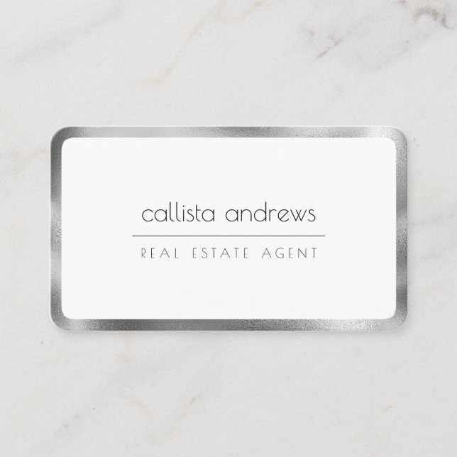 Modern Minimalist White Silver Border Business Card (Front)