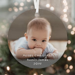 Modern Minimalist White Typography Overlay 2 Photo Metal Ornament<br><div class="desc">Celebrate the simple joys of the holidays with a custom 2 photo round metal ornament. The pictures and all text on this template are easy to customize to include any wording, such as Merry Christmas, My First Xmas, Best Friends, kids & family names, etc. The modern minimalist black and white...</div>