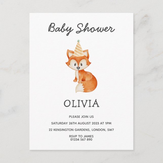 Modern Minimalist Woodland Fox Baby Shower Postcard (Front)