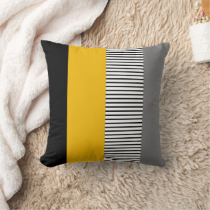 Modern Minimalist Yellow & Grey Striped Geometric Throw Pillow