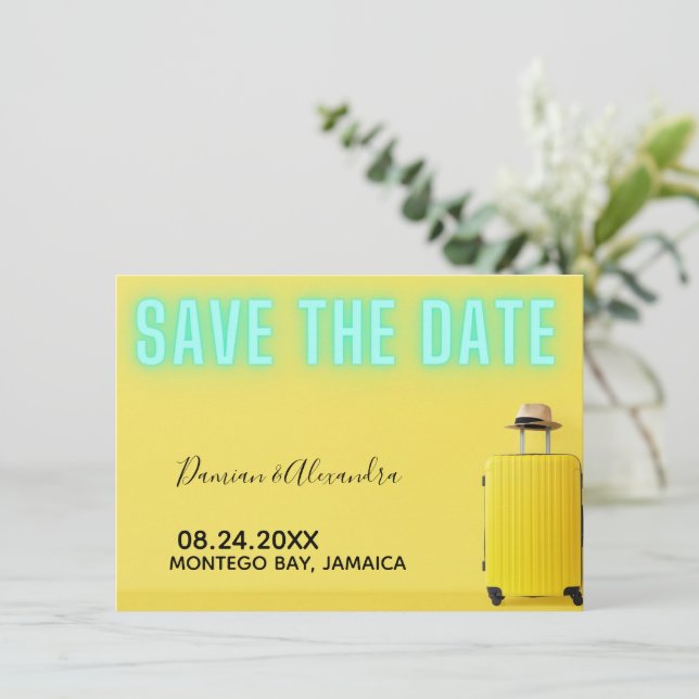 Modern Minimalist Yellow Neon Save the Date Flat  (Standing Front)