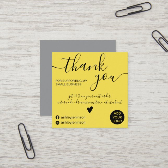 Modern minimalist yellow order thank you square business card (Front/Back In Situ)