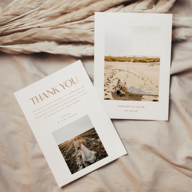 Modern Minimalistic 2-Photo Beige Wedding Thank You Card (Creator Uploaded)
