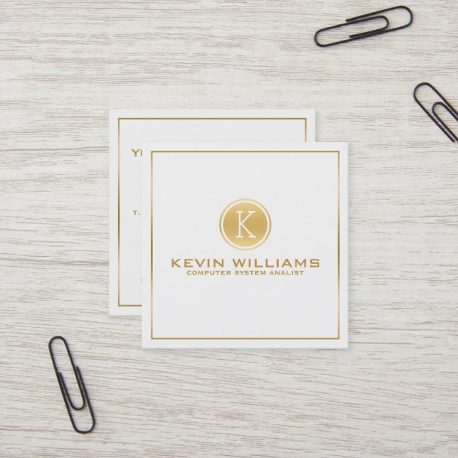 Modern Minimalistic Gold Border & Circle Square Business Card (Front/Back In Situ)