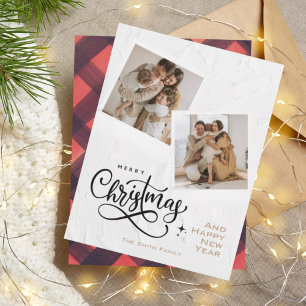 Modern Minimalistic Merry Christmas Plaid Photo Holiday Card