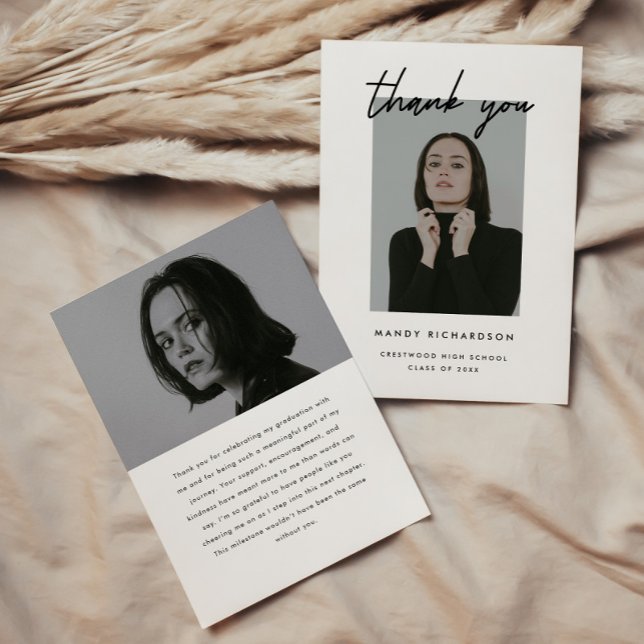 Modern Minimalistic Script 2-Photo Graduation Thank You Card (Creator Uploaded)