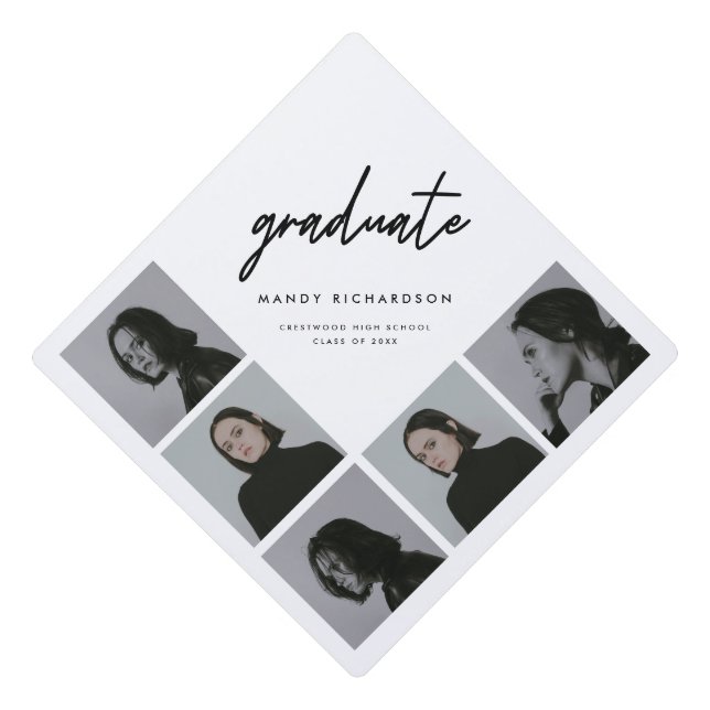 Modern Minimalistic Script 5-Photo Collage Graduation Cap Topper (Front)