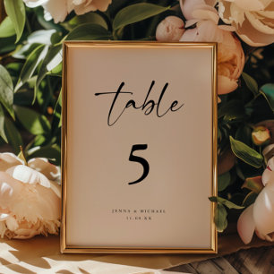 Modern Minimalistic Script Beige Wedding Table Number