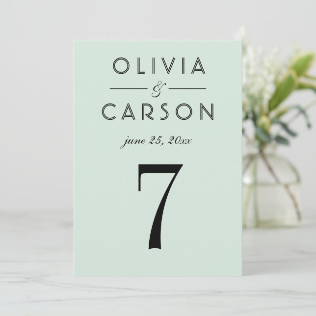 Modern Mint and Black Script Wedding Table Number (Standing Front)