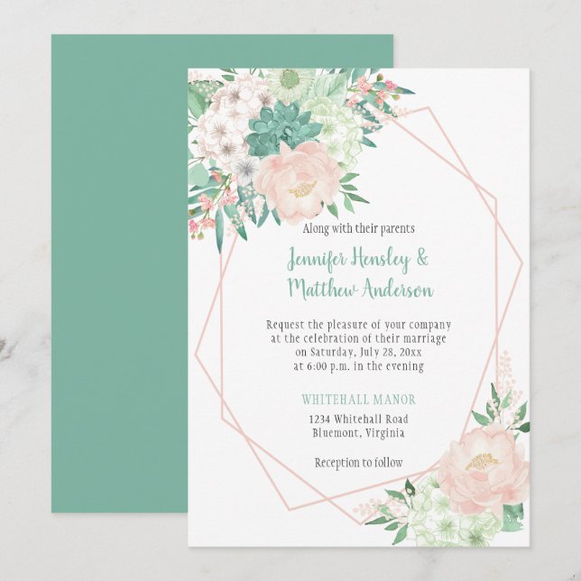 Modern Mint and Blush Watercolor Flowers Wedding | Invitation (Front/Back)