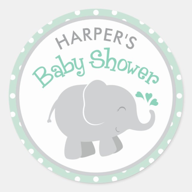 Modern Mint and Grey Elephant Baby Shower Classic Round Sticker (Front)