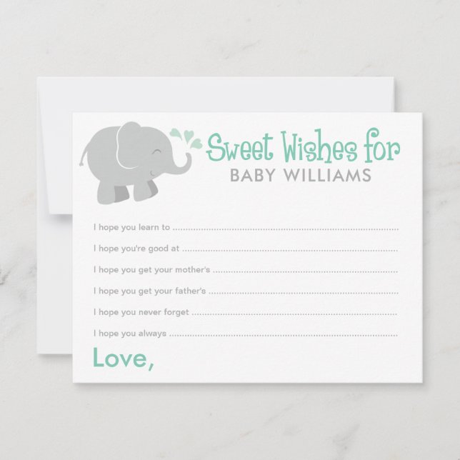 Modern Mint and Grey Elephant Baby Shower Wishes (Front)