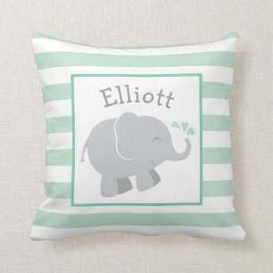 Modern Mint and Grey Elephant Custom Monogram Throw Pillow