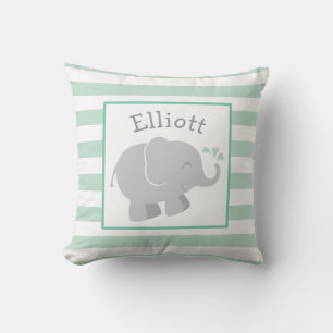 Modern Mint and Grey Elephant Monogram Throw Pillow