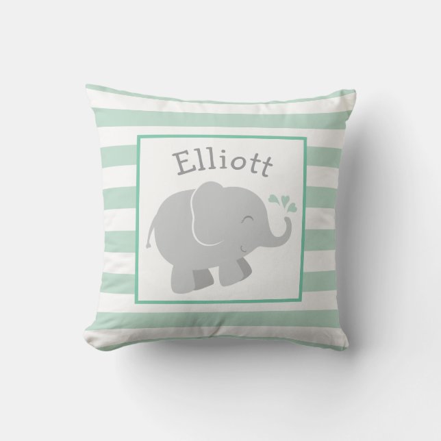 Modern Mint and Grey Elephant Monogram Throw Pillow (Front)
